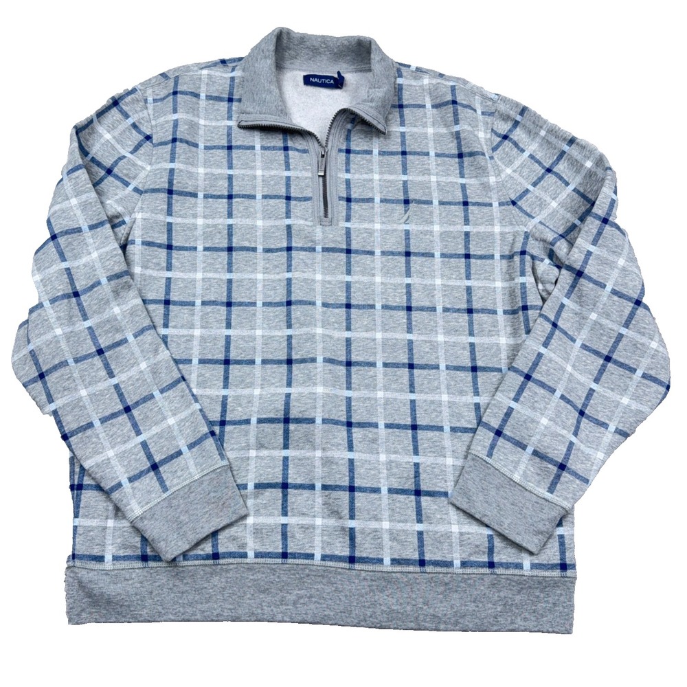 Nautica Sweater Men XL Gray Blue Pullover Quarter 1/4 Zip Mock Neck Plaid  Adult